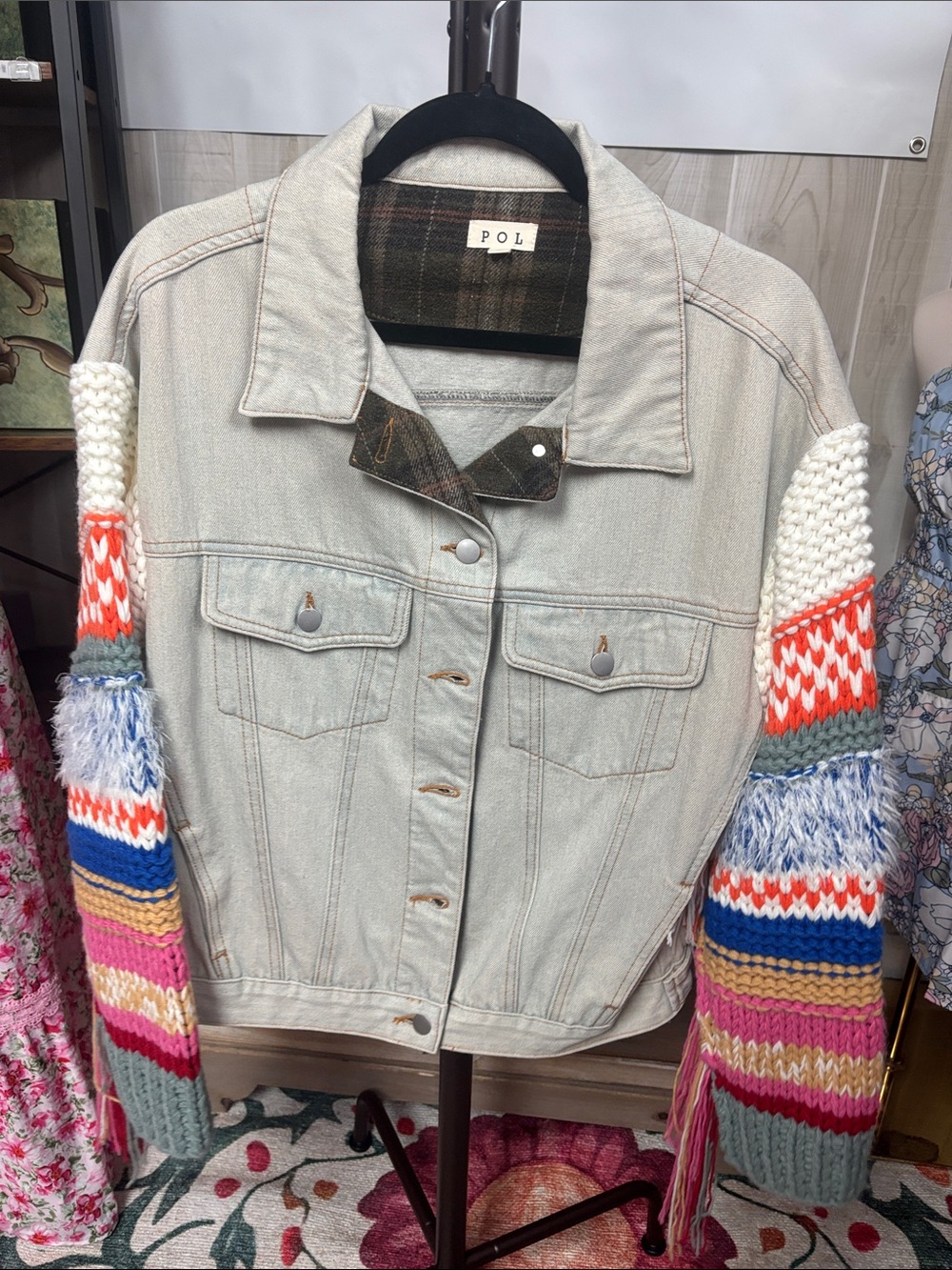 POL Light Gray Denim Jacket with Multicolor Knit Sleeves